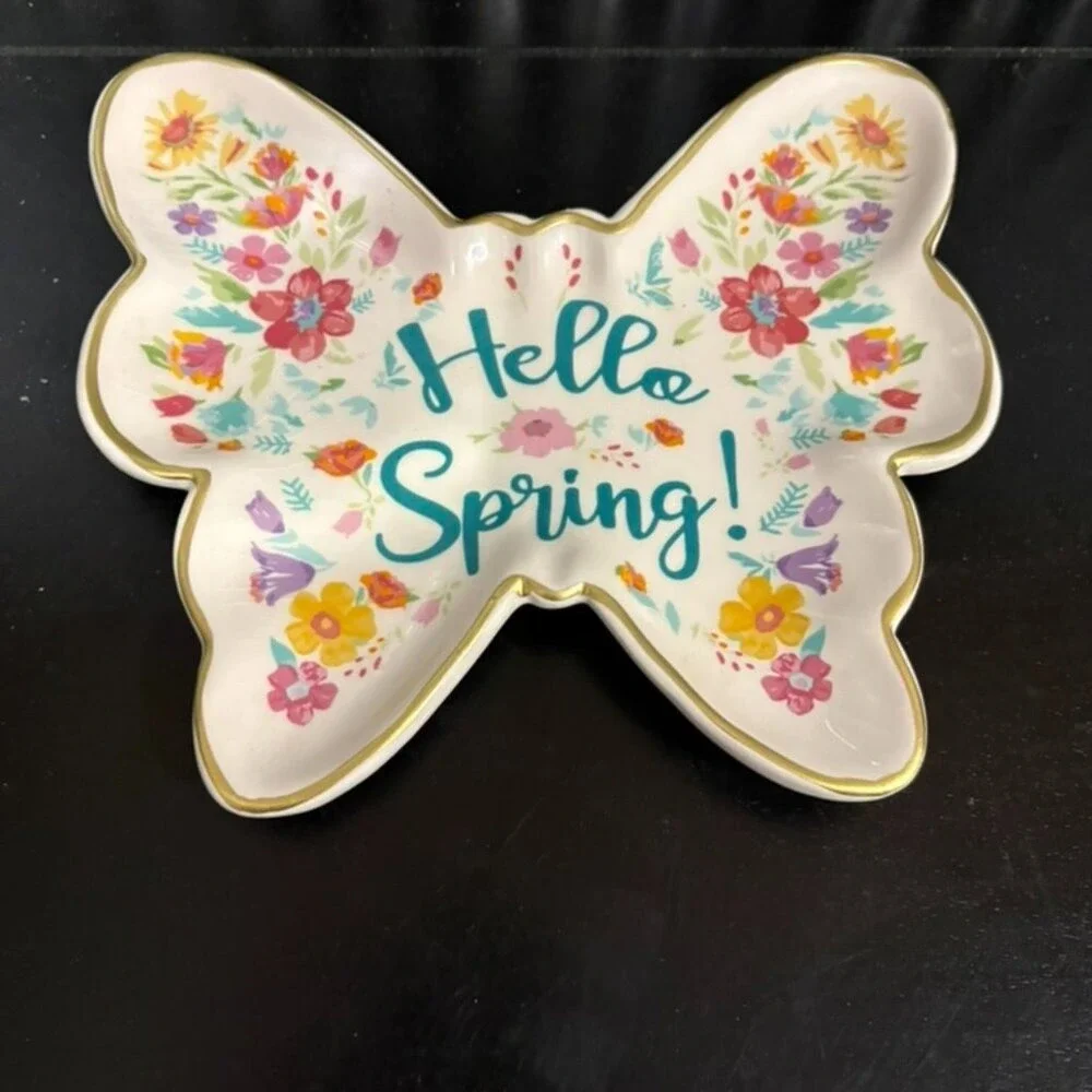 Butterfly Hello Spring Trinket Dish Jewelry Candy Tray Decorative Accent